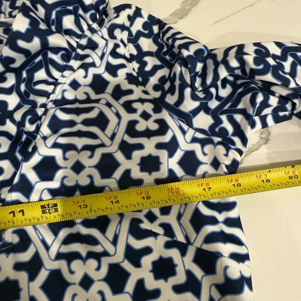 Gretchen Scott, Preppy Ruffle Neck Navy & White Geometric Shift Dress, Size S - Picture 11 of 14